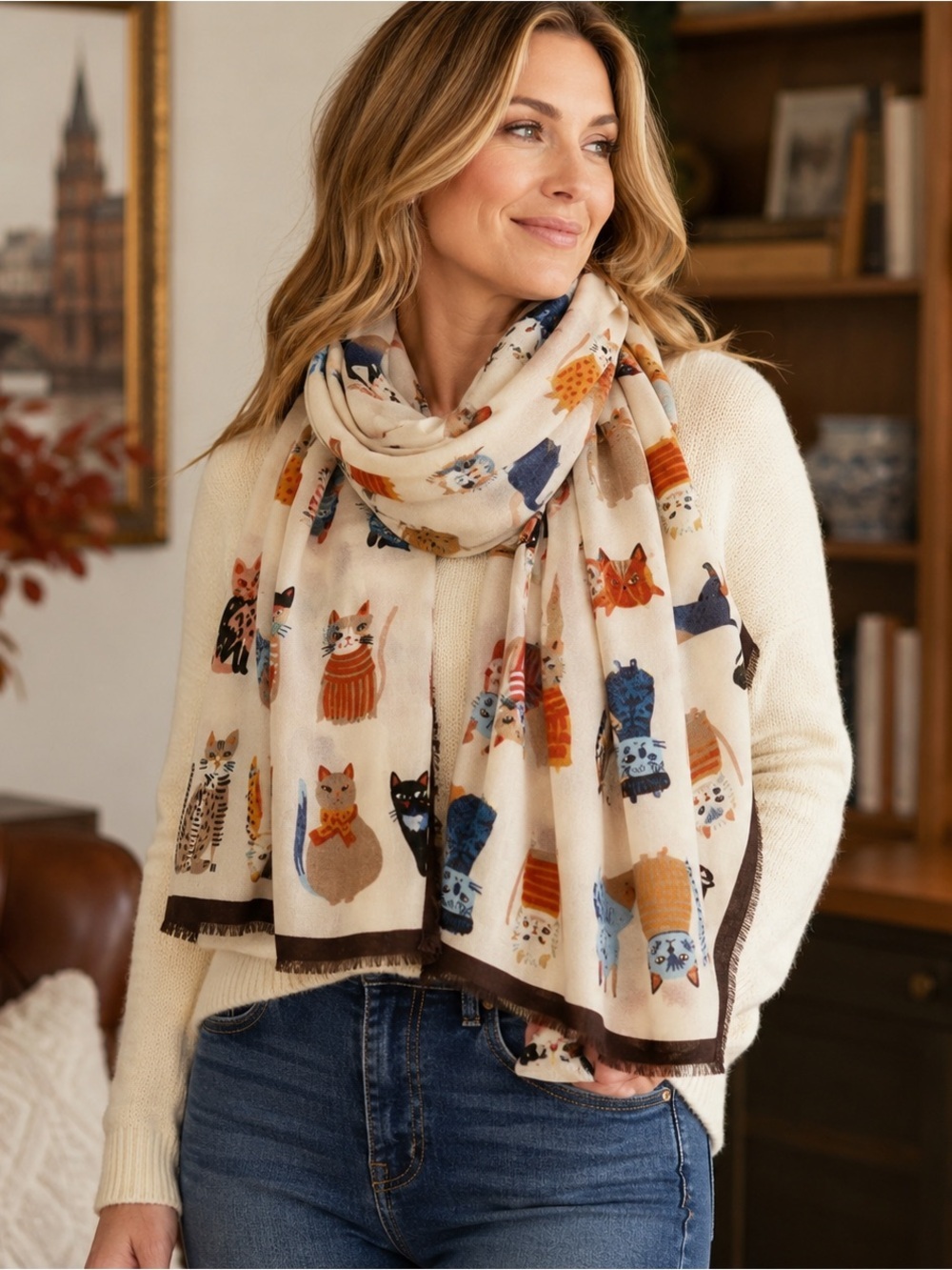 Cat Print Scarf Cream Multicolor Fringed Cotton Viscose Shawl Wrap 70x32